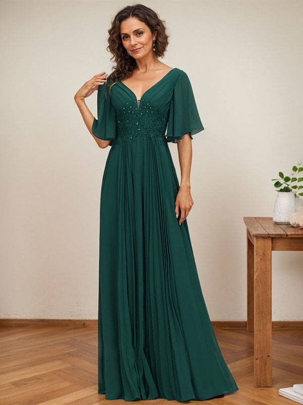 Vestido de corte A, escote en V, largo hasta el suelo, de gasa, para la madre de la novia, con apliques de lentejuelas y encaje plisado. 
