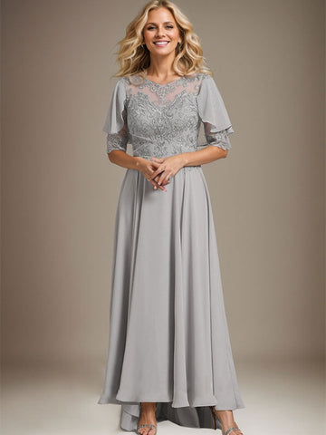 A-line Scoop Illusion Asymmetrical Chiffon Lace Mother of the Bride Dress With Beading