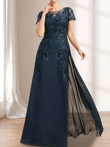 Robe de mère de la mariée en mousseline de dentelle, coupe fourreau/colonne, décolleté illusion, longueur au sol, ornée de sequins