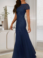 Robe sirène bleu marine foncé à sequins et tulle, décolleté rond, robe en tulle bleu marine foncé