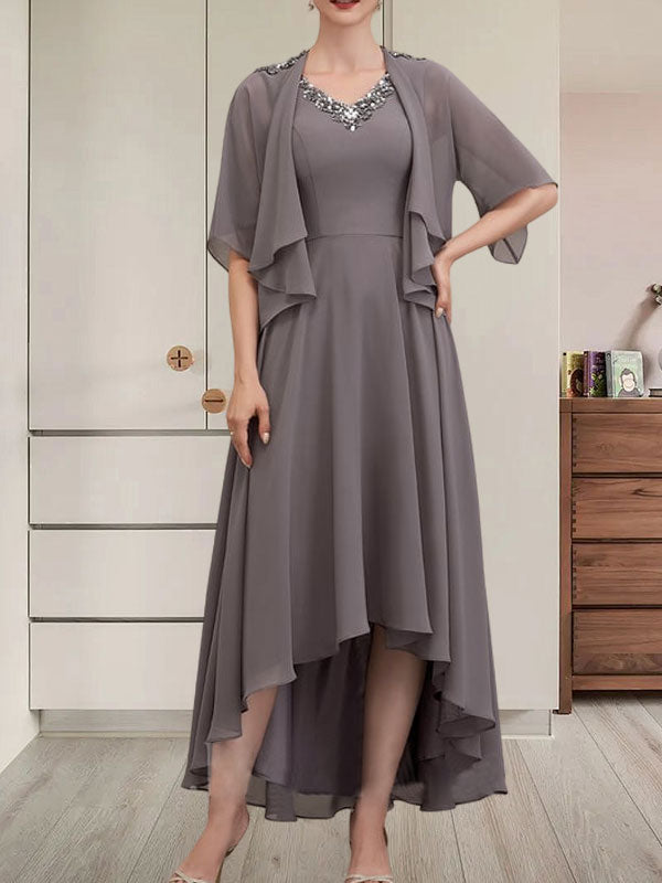 Vestido de corte A, escote en V, asimétrico, de gasa, para la madre de la novia, con lentejuelas y pedrería.