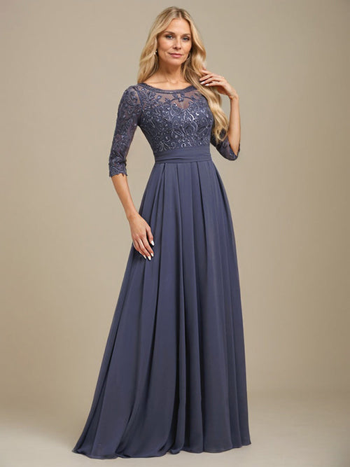 Vestido de corte A, escote redondo, largo hasta el suelo, de gasa de encaje con apliques de lentejuelas para la madre de la novia. 