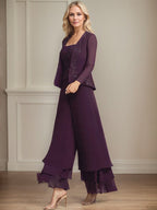 Conjunto de pantalón y chaqueta de dos piezas, corte cuadrado, largo hasta el tobillo, encaje, gasa, vestido de madre de la novia con lentejuelas 