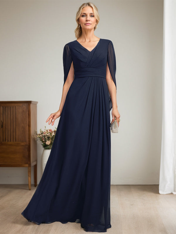 Vestido largo azul marino oscuro de corte A con escote en V para la madre de la novia