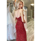 Robe de bal bordeaux à bretelles spaghetti et col en V pour femme 