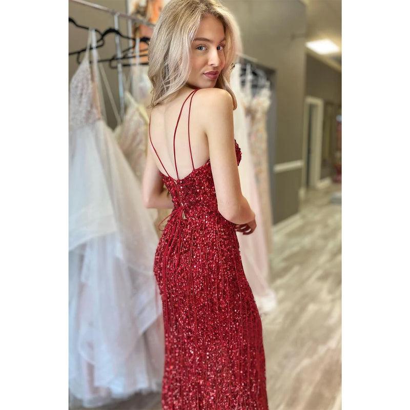 Robe de bal bordeaux à bretelles spaghetti et col en V pour femme 