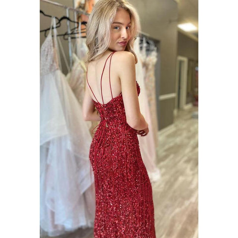 Women's Spaghetti Straps V-neck Sequins Burgundy Prom Dress Glitter