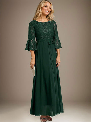 A-line Scoop Ankle-Length Lace Chiffon Mother of the Bride Dress With Bow