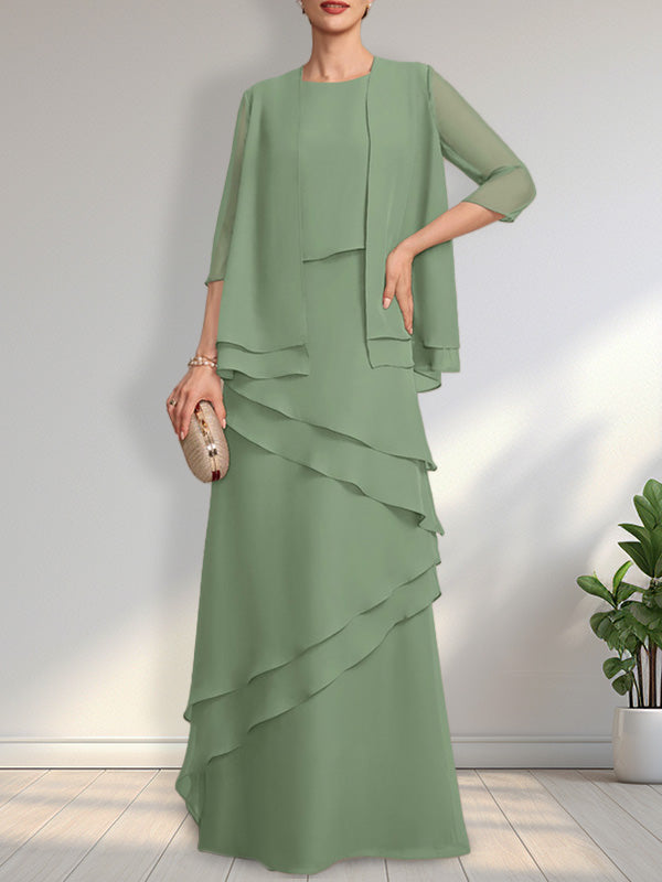 Vestido de gasa de corte recto y escote redondo hasta el suelo para la madre de la novia
