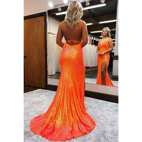 Robe de bal longue à bretelles spaghetti et paillettes orange avec fente