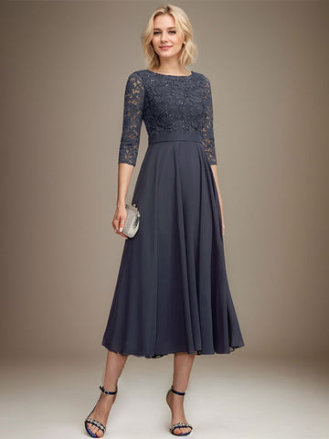 A-line Scoop Tea-Length Lace Chiffon Mother of the Bride Dress With Sequins