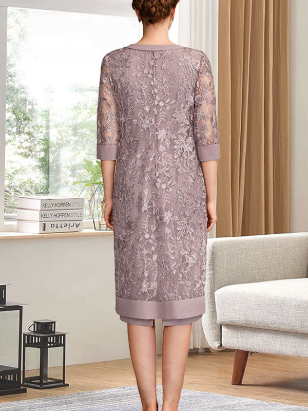 Vestido de gasa corte recto/columna hasta la rodilla para la madre de la novia con lentejuelas plisadas