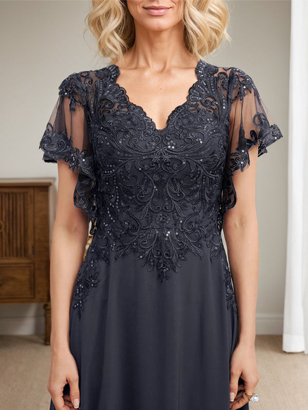 Vestido de novia de corte A, escote en V, largo hasta el suelo, de gasa de encaje con lentejuelas para la madre de la novia 