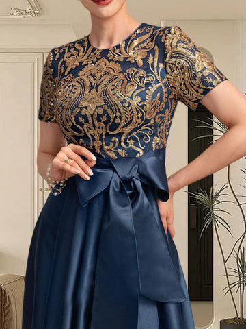 A-line Scoop Asymmetrical Satin Sequin Lace Mother of the Bride Dress With Bow