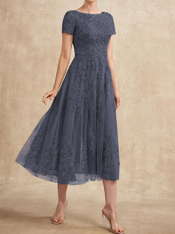 A-line Scoop Tea-Length Tulle Lace Mother of the Bride Dress