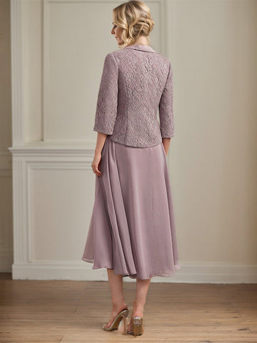 A-line Scoop Tea-Length Lace Chiffon Mother of the Bride Dress