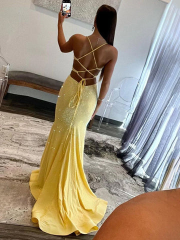 Blint | Vestidos largos de fiesta de sirena con lentejuelas amarillas y escote en V