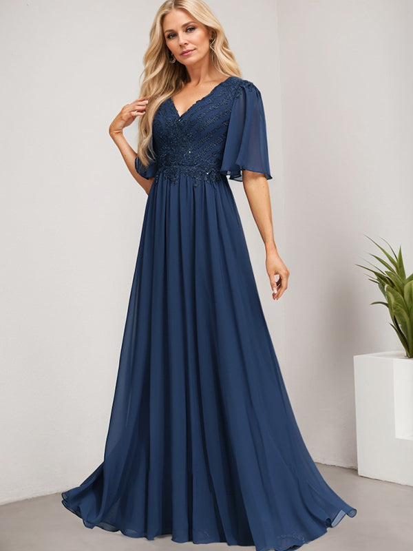 Vestido de novia de corte A, escote en V, largo hasta el suelo, de gasa de encaje con lentejuelas para la madre de la novia 