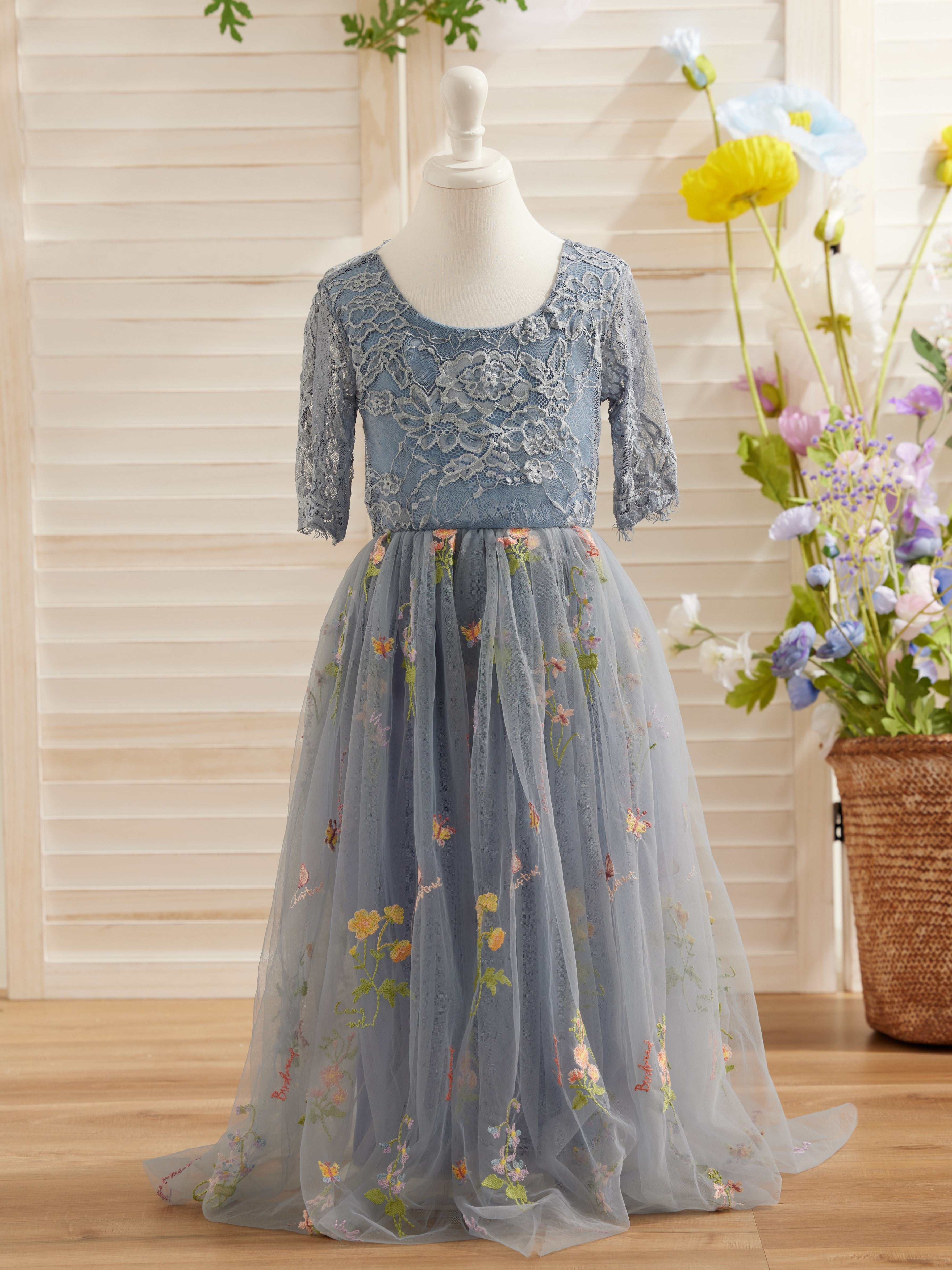 Vestido de niña de las flores color salvia con escote redondo, superficie de tela y tul (2003227581) 