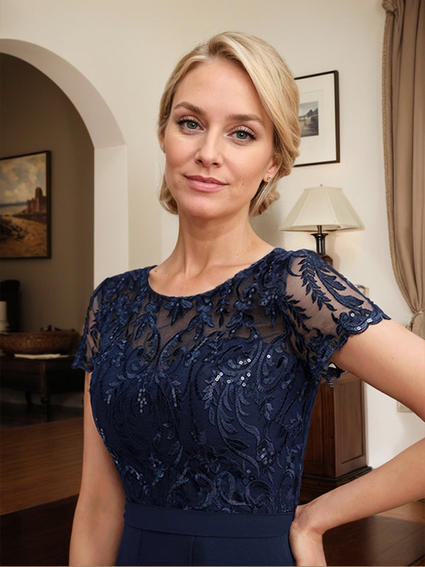 Robe de mère de la mariée asymétrique en mousseline de soie et dentelle, coupe trapèze, décolleté en V, effet illusion, nœud, volants et sequins 
