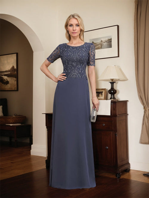 Vestido de novia de corte línea A, escote redondo, largo hasta el suelo, de encaje y gasa con lentejuelas.