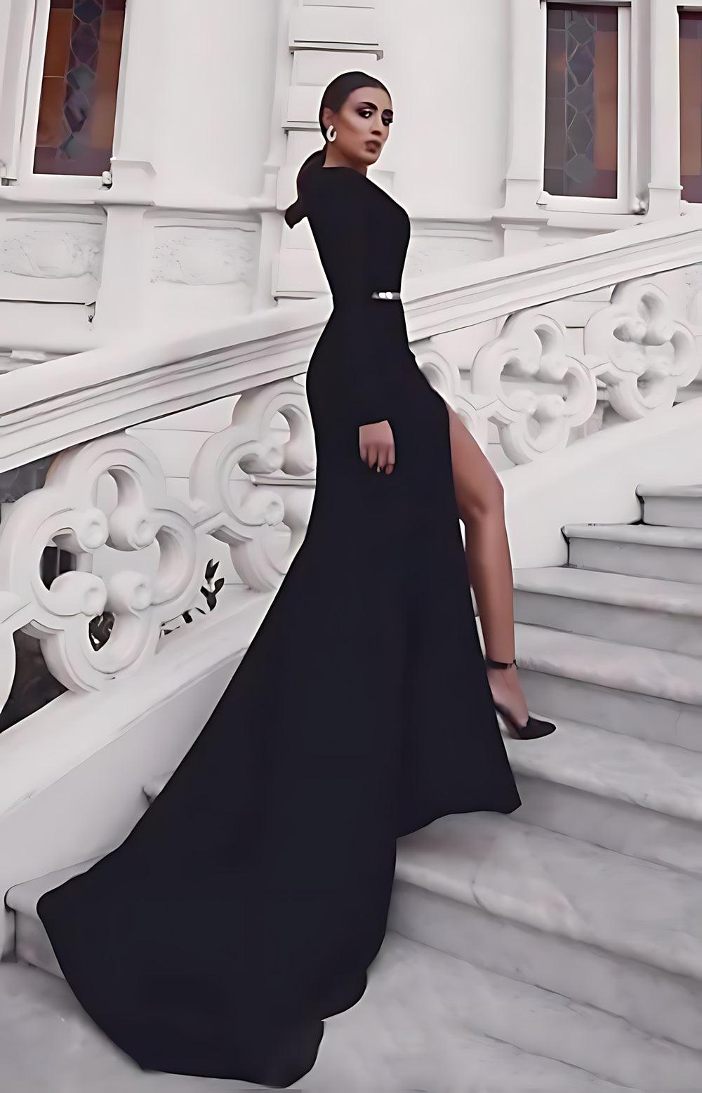 Robe de soirée noire style sirène, robe sexy, robe de bal, cravate noire, gala, traîne, manches longues, épaules dénudées, ceinture/ceinture, coton avec fente