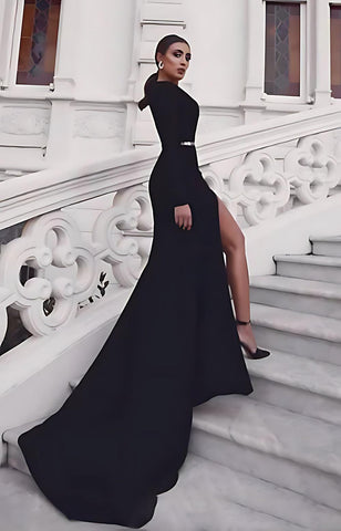 Vestido de noche negro estilo sirena, sexy, para baile de graduación, gala, con cola, manga larga, hombros descubiertos, cinturón/faja, de algodón con abertura.