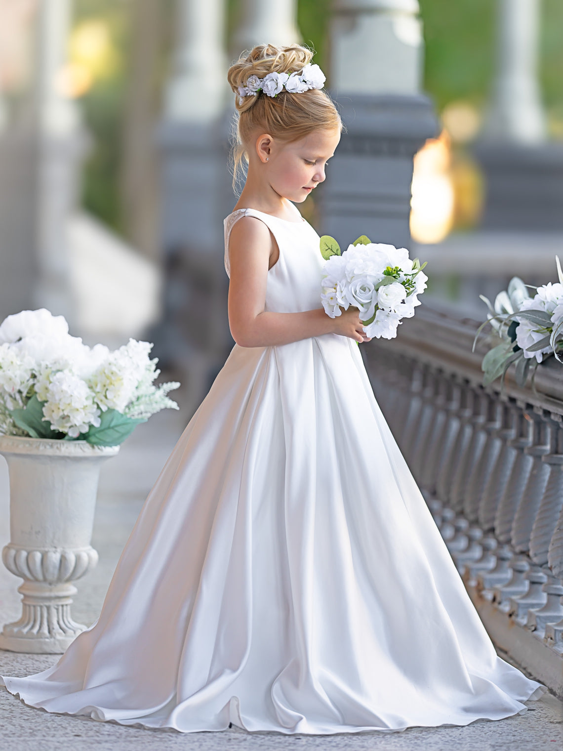 Vestido de niña de las flores para la Primera Comunión, corte en A, encaje y satén, hasta el suelo 