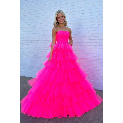 Robe de bal longue en tulle rose vif sans bretelles