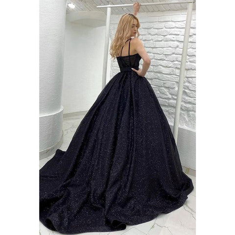 Robe de bal trapèze scintillante à bretelles spaghetti et poches 