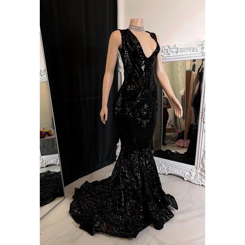 Vestido de fiesta de noche sin mangas con lentejuelas de sirena glamuroso y dramático
