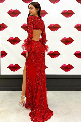 Robe de bal longue sirène à sequins rouges et plumes, décolleté plongeant en V.
