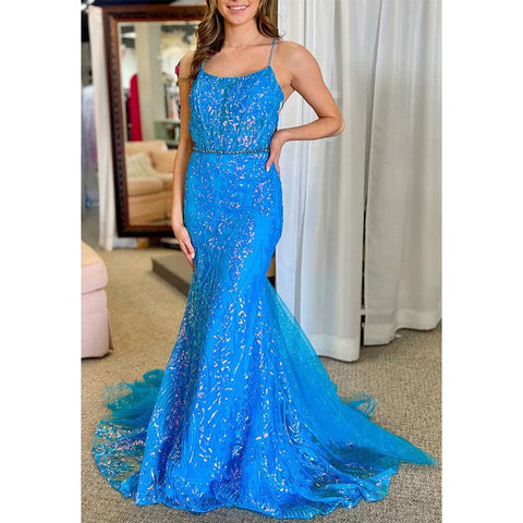 Robe de soirée trompette à bretelles spaghetti scintillantes et appliques en dentelle 