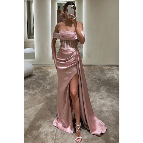 sexy & hot satin off-shoulder illusion pleats long prom dress with slit