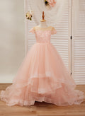 Vestido rosa de princesa con cola de tul y encaje, estilo baile de gala (2003226644) 