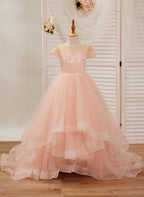 Vestido rosa de princesa con cola de tul y encaje, estilo baile de gala (2003226644) 