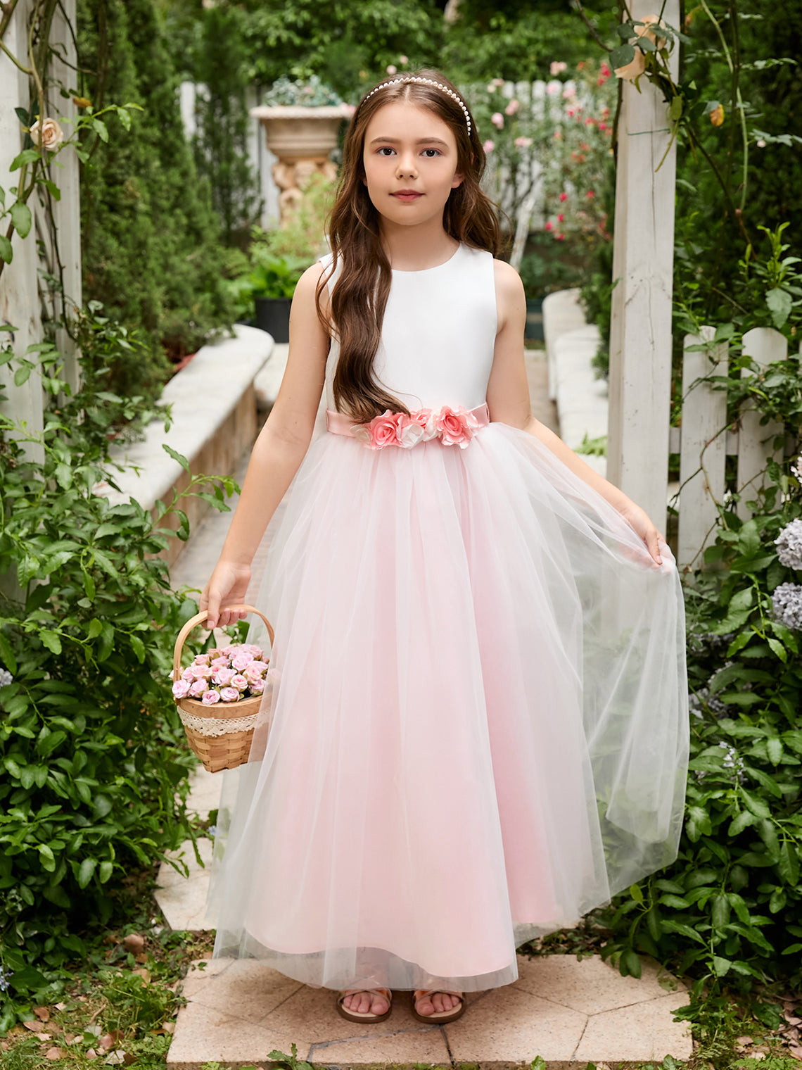 Vestido de niña de las flores de corte A con flores 3D, tul satinado y largo hasta el tobillo 