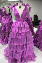 Princess A Line Deep V Neck Long Prom Dress with Ruffles