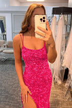 Robe de bal longue rose fuchsia sexy à paillettes et sequins sirène, dos nu