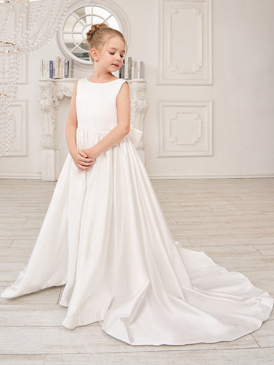 Vestido de niña de las flores de satén sin mangas, corte princesa, con cola y lazo. 