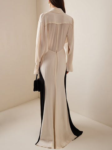 Vestidos largos de noche holgados de manga larga con escote en V y color de contraste 