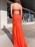 Mermaid V Neck Beaded Satin Prom Dress