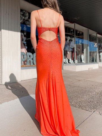 Mermaid V Neck Beaded Satin Prom Dress