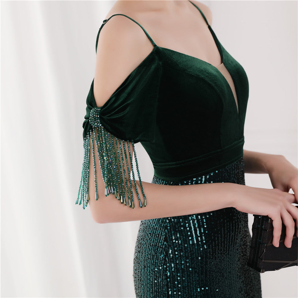 Velvet Spaghetti Straps Cocktail Evening Dress Dress Elegant Company Annual Meeting Women Sexy Long Short Sleeve