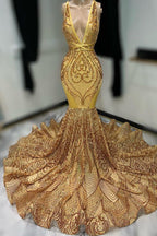Robe de bal sans manches à épaules dénudées, ornée de sequins dorés foncés et d'appliqués, col en V