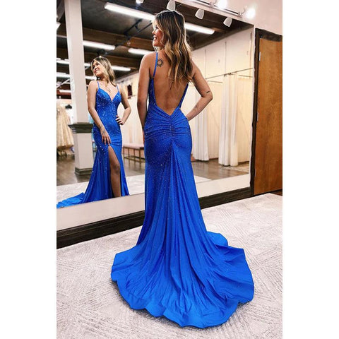 Vestido de fiesta de noche con escote en V, corte sirena, tirantes finos e informal, sencillo y elegante