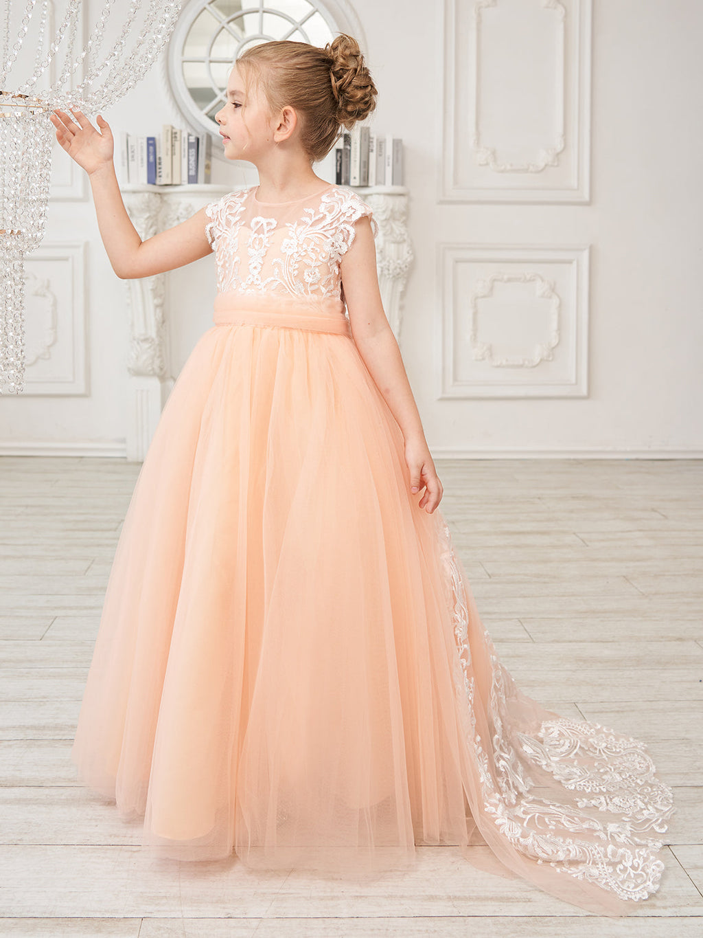 Vestido rosa de niña de las flores, corte en A, encaje, tul y cola corta 