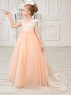 Vestido rosa de niña de las flores, corte en A, encaje, tul y cola corta 