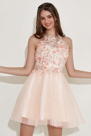 Champagne Halter Homecoming Dress with Embroidery
