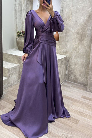Vestidos de noche elegantes, formales, lisos, con escote en V y pliegue (3 colores)